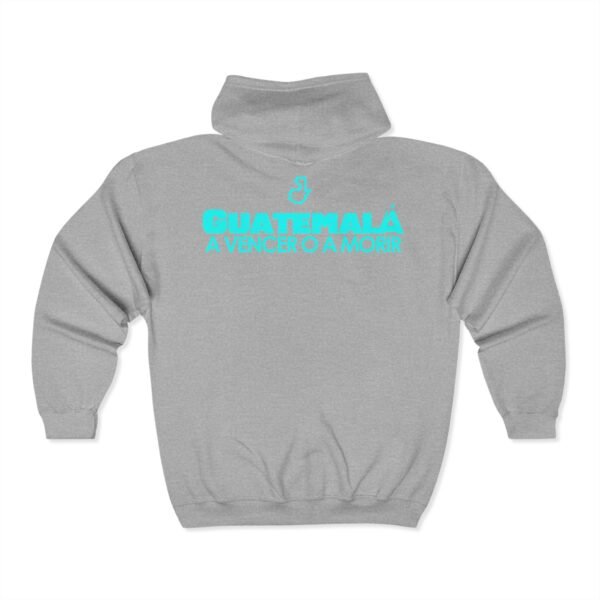 Sudadera deportiva unisex con capucha y cremallera completa con el espíritu futbolístico guatemalteco.