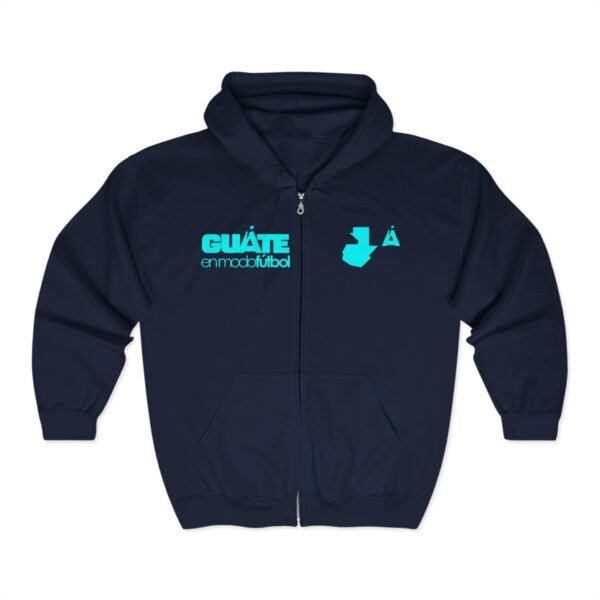 Sudadera deportiva unisex con capucha y cremallera completa con el espíritu futbolístico guatemalteco.