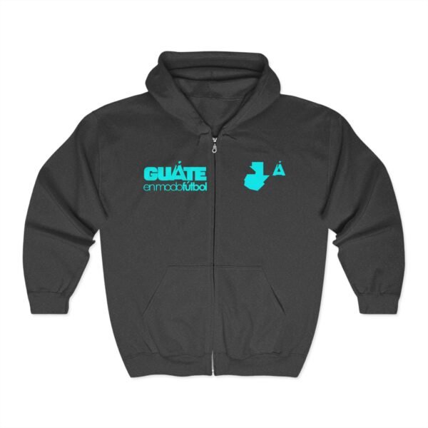 Sudadera deportiva unisex con capucha y cremallera completa con el espíritu futbolístico guatemalteco.