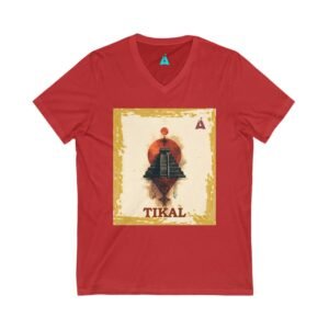 La camiseta unisex Tikal Vintage de cuello en V ofrece un look casual pero elegante.