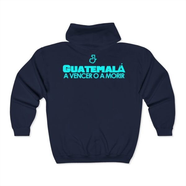 Sudadera deportiva unisex con capucha y cremallera completa con el espíritu futbolístico guatemalteco.