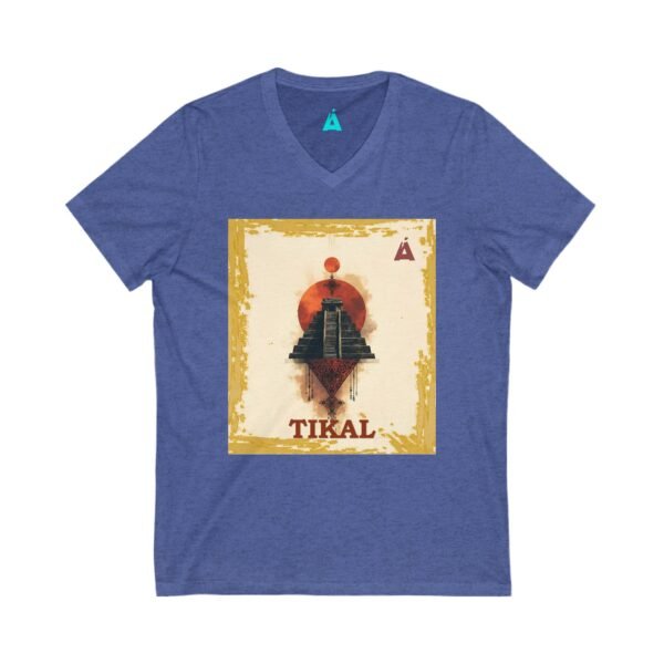 La camiseta unisex Tikal Vintage de cuello en V ofrece un look casual pero elegante.