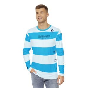 Camisa de manga larga para hombre con un vibrante diseño de rayas guatemaltecas, perfecta para uso casual.
