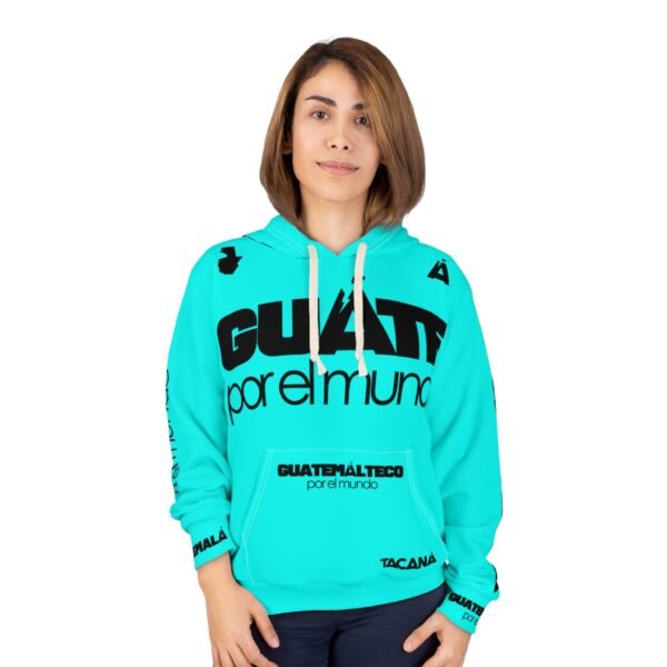 Sudadera unisex con capucha turquesa vibrante, perfecta para salidas informales, estilo colorido y elegante.