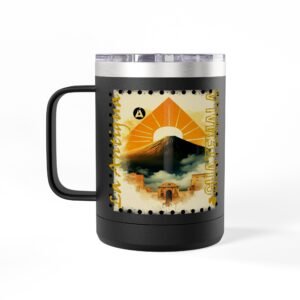 Taza de café con atardecer en La Antigua, ideal para regalo, un articulo coleccionable único.